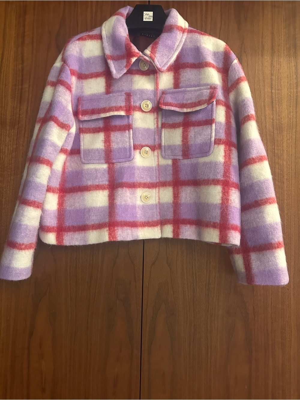 Sisley Plaid Pea Coat in Lavender, Red & White
